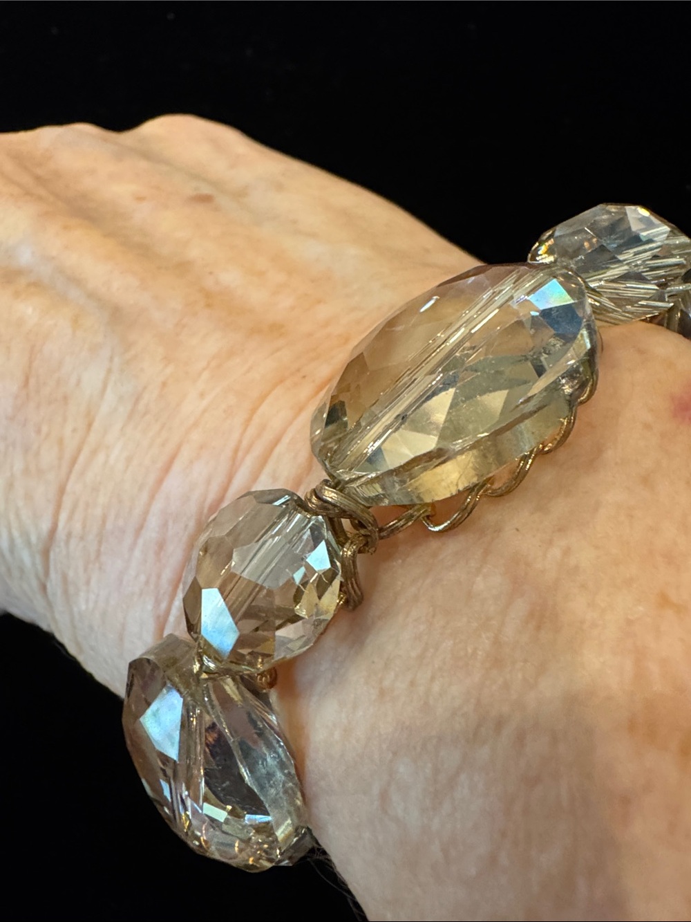 Sparkly Champagne Glass Crystal Stretch Bracelet With Gold-Tone Chain Accent
